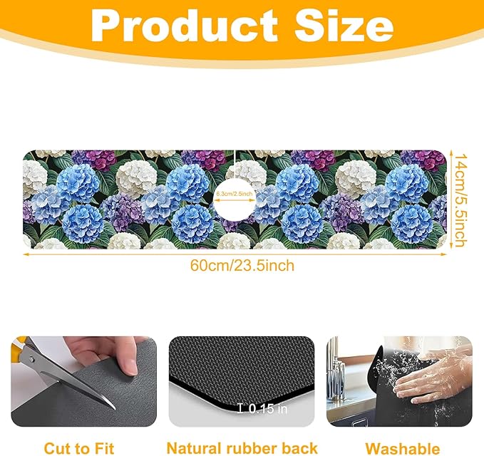 2 Pack Vintage Hydrangea Sink Faucet Absorbing Mat Colorful Hydrangeas Super - Image 2