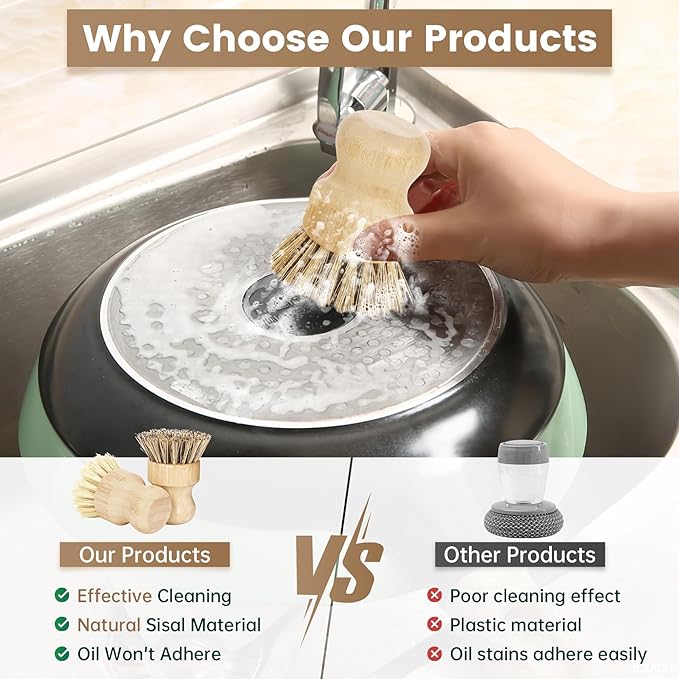 2-Pack Bamboo Dish Brush – Natural Dish Scrub Brush - Image 3