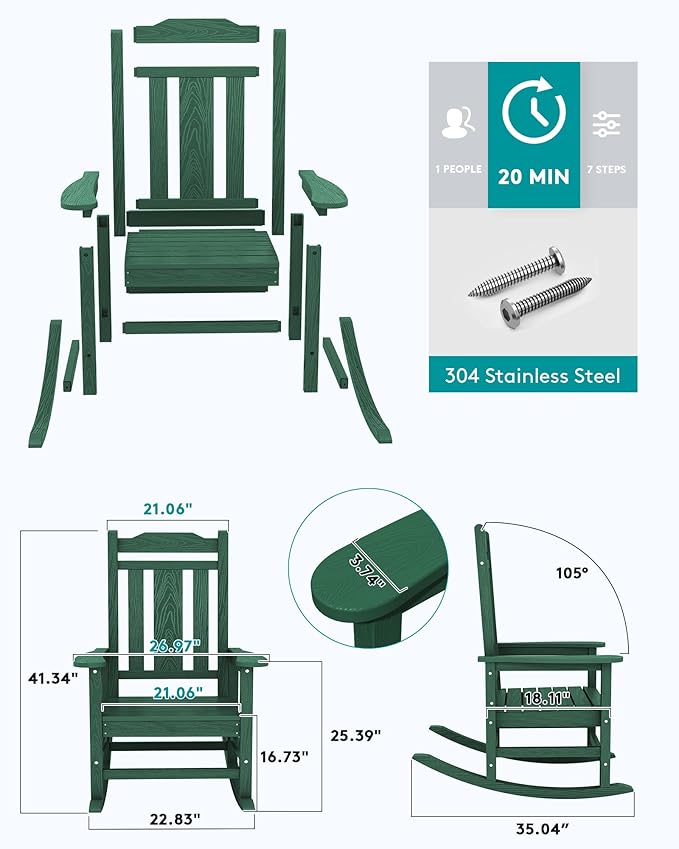 SERWALL Outdoor Rocking Chair Set of 4, Patio Rocking Chairs Set, HDPE Rocking Chair Outdoor for Adults, Heavy Duty Front Porch Rocker, Green - Image 2