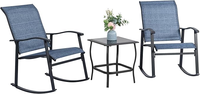 Vongrasig 3 Piece Outdoor Rocking Bistro Set, Textilene Fabric Small Patio Furniture Set, Front Porch Rocker Chairs Conversation Set with Glass Table for Lawn, Garden, Balcony, Poolside (Denim Blue) by Vongrasig