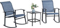 Vongrasig 3 Piece Outdoor Rocking Bistro Set, Textilene Fabric Small Patio Furniture Set, Front Porch Rocker Chairs Conversation Set with Glass Table for Lawn, Garden, Balcony, Poolside (Denim Blue) by Vongrasig
