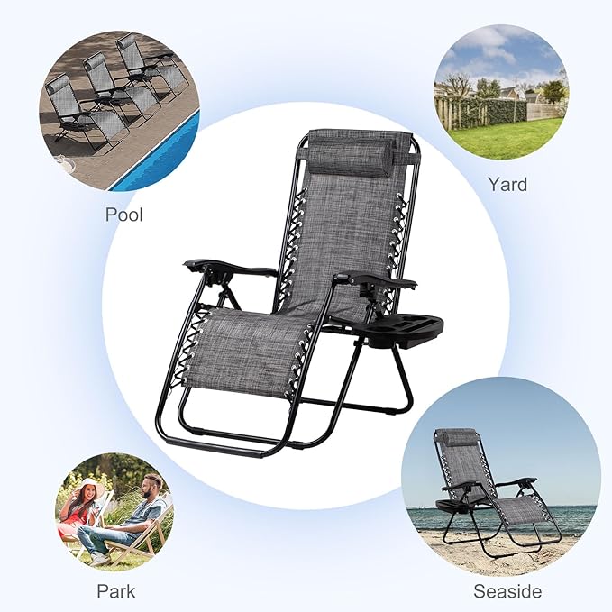Nazhura Set of 2 Relaxing Recliners Patio Chairs Adjustable Steel Mesh Zero Gravity Lounge Chair Beach Chairs with Pillow and Cup Holder(Grey) - Image 5