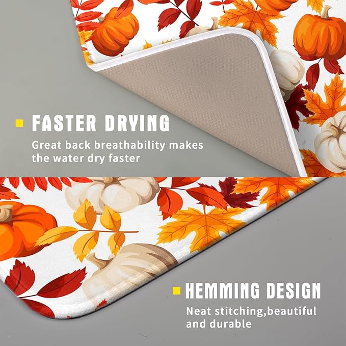 Fall Dish Drying Mat for Kitchen Counter Watercolor Pumpkins Autumn Leaves - Image 3