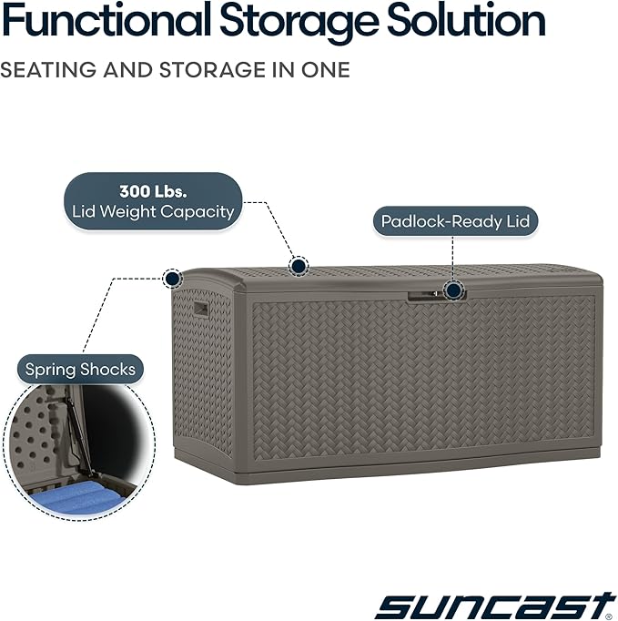 Suncast Extra Large Deck Box - 124 Gallon Resin Outdoor Storage Box with Lockable Lid for Outdoor Cushion Storage, Toys, & Garden Gear, Stoney Grey Wicker Bin for Patio, Porch, Pool, & Yard - Image 6