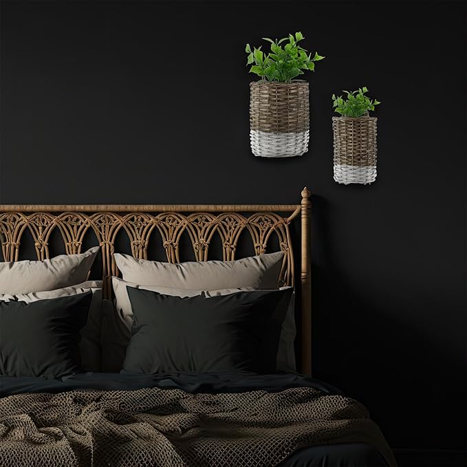 AuldHome Design Wall Hanging Baskets; Woven WIcker Rustic Farmhouse Two-Tone - Image 9