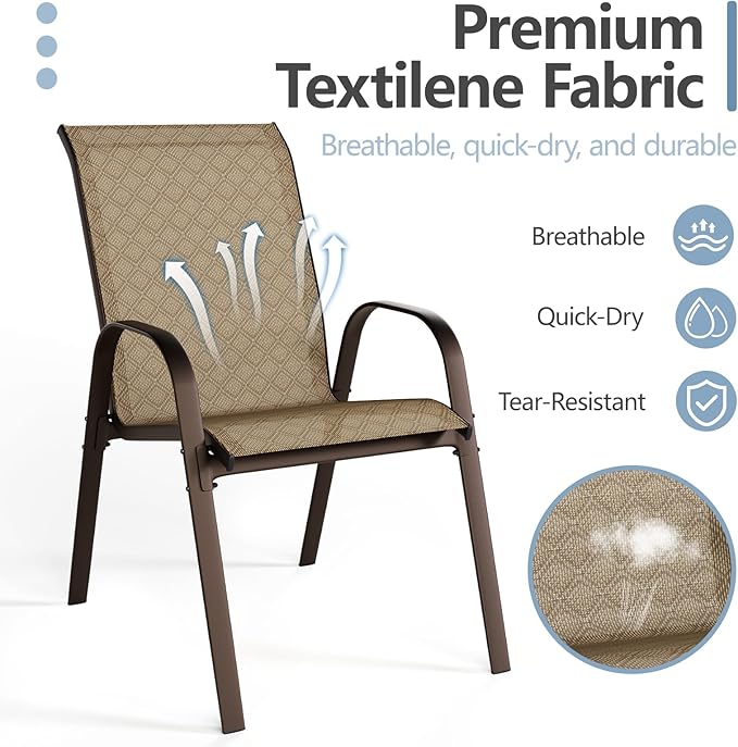 SWITTE Patio Chairs Set of 4 with Armrests, Outdoor Stackable Dining Chairs with Breathable Backrest and Metal Frame for Lawn, Garden, Deck, Poolside, Beige - Image 6