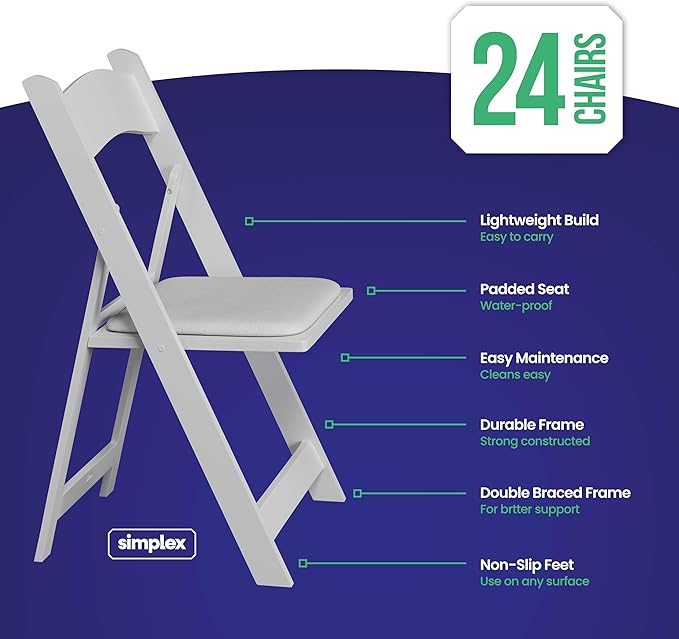 Simplex Furniture Modern White Resin Foldable Chair - 24 Pack, Stackable, Lightweight, Indoor/Outdoor, Rental Grade - Folding Chairs with Padded Seats - Image 4