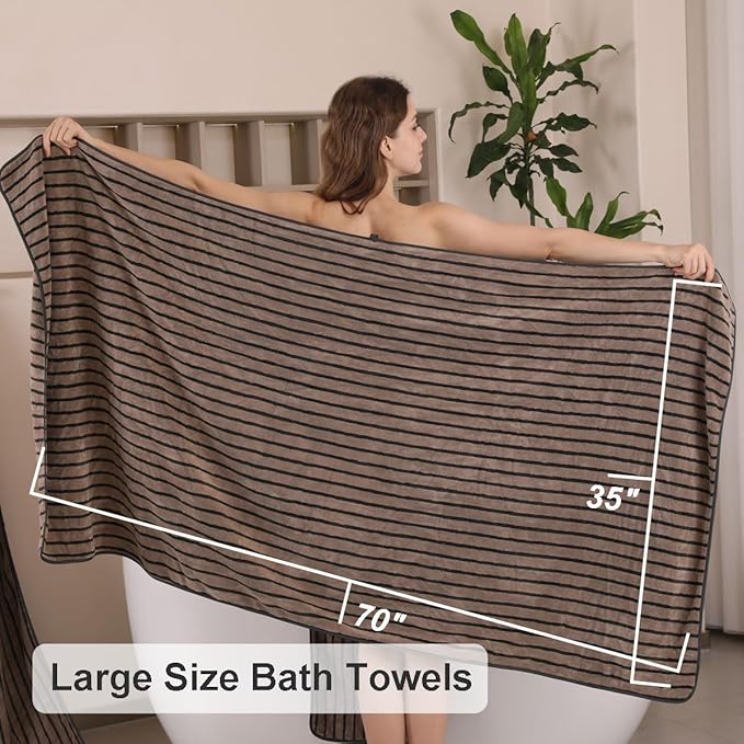 8 Pcs Polyester Brown Cabana Stripe Large Bath Towel Set-2 Bathroom Towels - Image 6