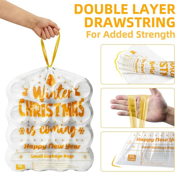 XUXRUS Gold Trash Bags Mini Trash Bags, 3 Gallon Small Bathroom Drawstring - Image 2