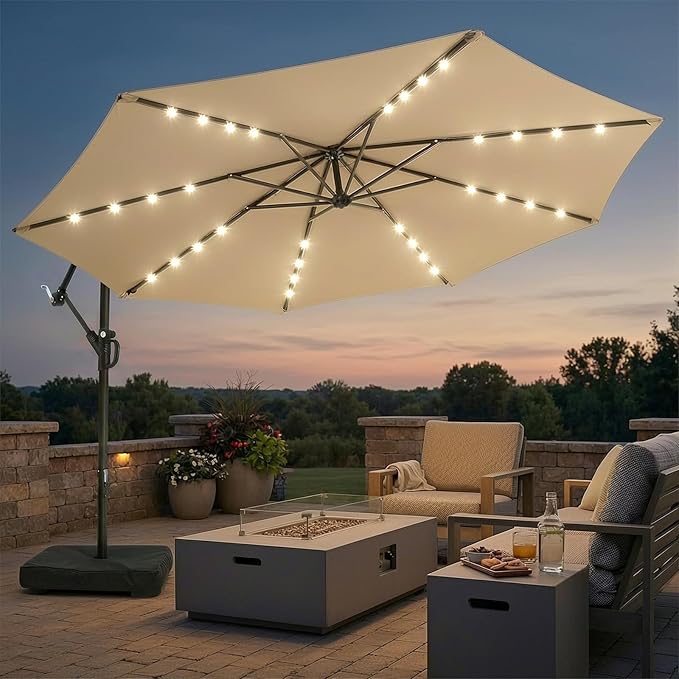 wikiwiki 10ft Solar LED Patio Umbrella with Base Included, Offset Umbrella with Weighted Sandbag Base, Cantilever Patio Umbrellas for Backyard, Garden & Deck, 32 LED Lights & Polyester Shade, Tan by WikiwikiPatioUmbrellas