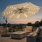 wikiwiki 10ft Solar LED Patio Umbrella with Base Included, Offset Umbrella with Weighted Sandbag Base, Cantilever Patio Umbrellas for Backyard, Garden & Deck, 32 LED Lights & Polyester Shade, Tan by WikiwikiPatioUmbrellas