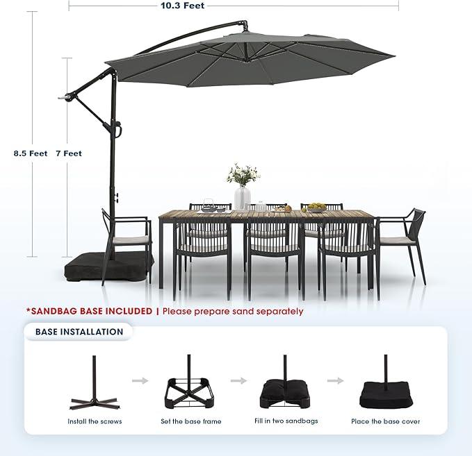 wikiwiki 10ft Patio Umbrella with Base Included, Outdoor Offset Cantilever Umbrella with Sandbag Base for Backyard, Garden and Pool, Easy to Tilt and Crank, Dark Gray - Image 6