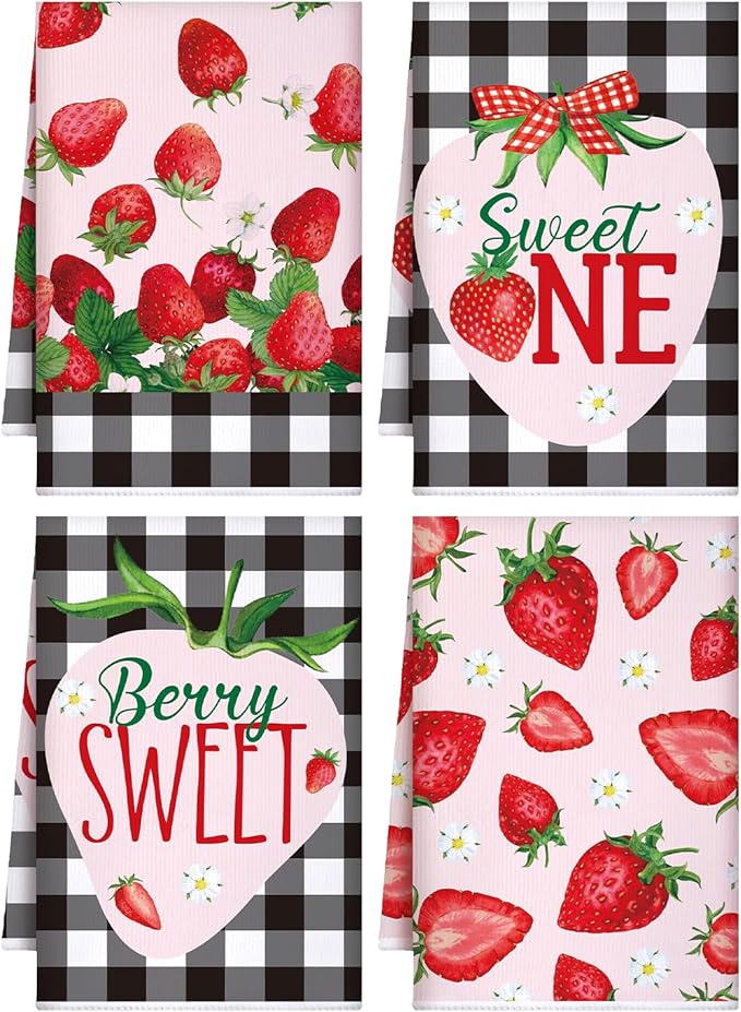 Bencailor 4 Pcs Strawberry Kitchen Towels Spring Berry Hand Dish Towels by Bencailor