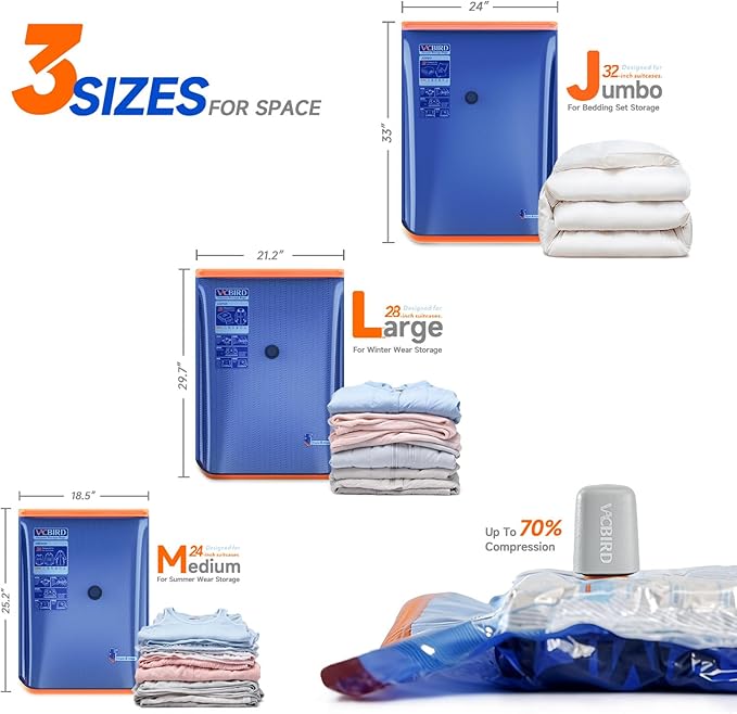 Vacuum Storage Bags with Rechargeable Cordless Pump, 21 Pack 3 Size Compression - Image 3
