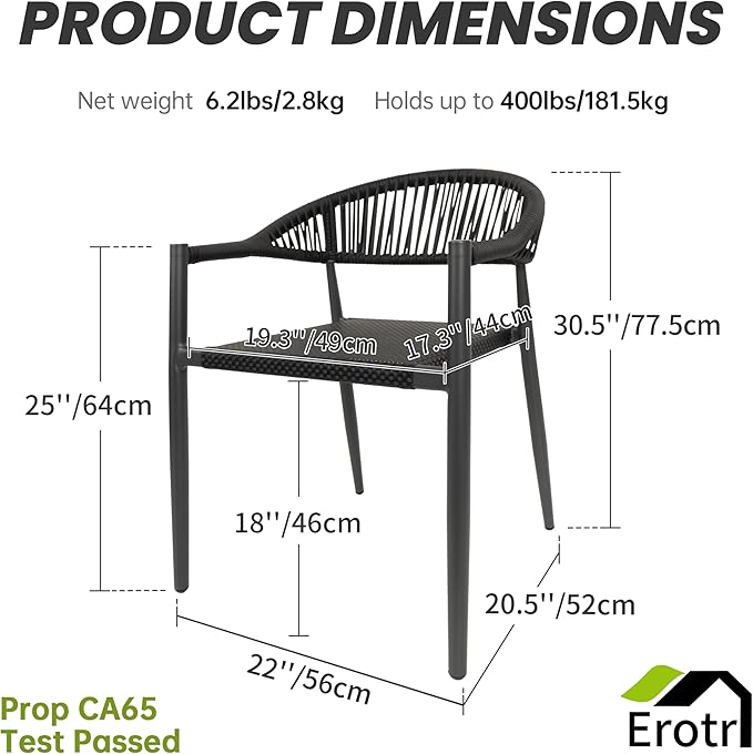 4 Pcs Stackable Patio Dining Chairs, Aluminum Rattan Outdoor Dining Chair with Arms, Woven Rope Garden Armchair Metal No Assembly for Bistro Balcony Porch Deck Yard Cafe Restaurant, Black - Image 3