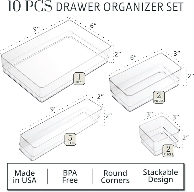 STORi SimpleSort 10-Piece Stackable Clear Drawer Organizer Set | Multi-size - Image 2