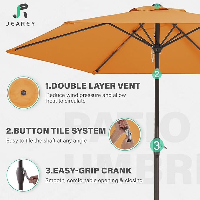 JEAREY 7.5FT Patio Umbrella Market Table Umbrella with 6 Sturdy Ribs, Push Button Tilt/Crank Outdoor Umbrella for Garden, Deck, Backyard, Pool and Beach,Tropical Orange - Image 6