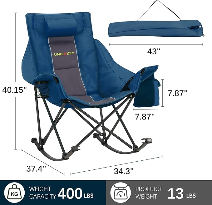 Oversized Rocking Camping Chair with Headrest & Cup Holder - 400lbs Capacity, 600D Oxford Fabric, Easy Fold Portable Outdoor Rocker Chair for Camping, Backyard, Beach, Blue - Image 3