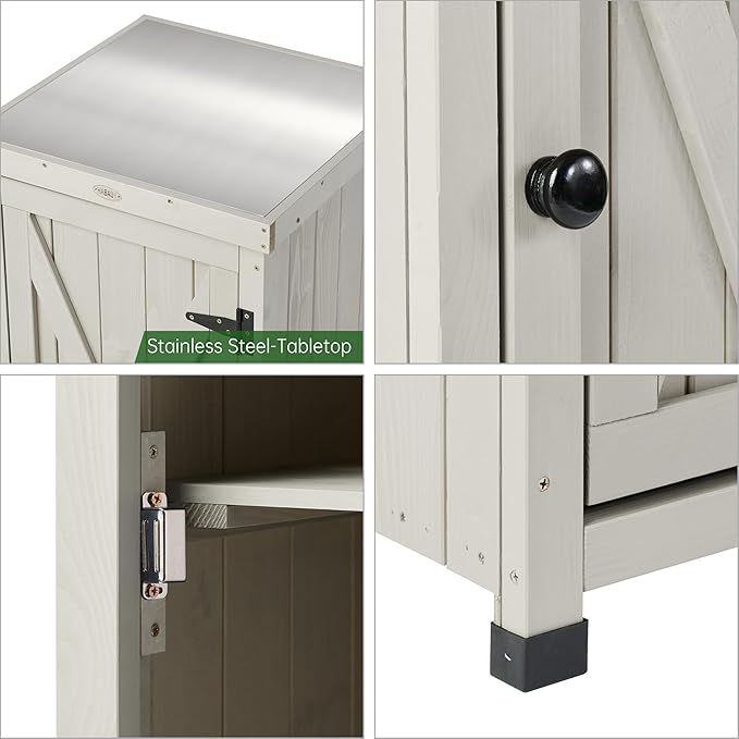 Outdoor Storage Cabinet for Patio, Garden Potting Bench Table with Shelves & Metal-Tabletop, Wooden Planting Work Station, Weatherproof - Image 5