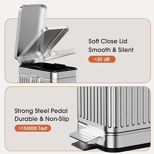 Small Bathroom Trash Can with Lid Soft Close, 6L / 1.6 Gallon Stainless Steel - Image 3