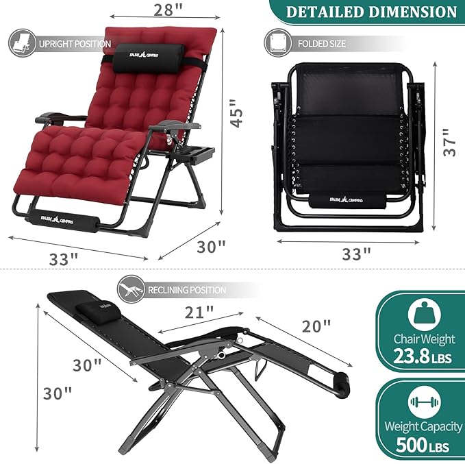UDPATIO Oversized Zero Gravity Chair Set of 2, 29In XXL Patio Reclining Chair with Cushion, Outdoor Folding Recliner with Pillows|Cup Holder|Foot Rest|Padded Headrest, Burgundy, Support 500LB - Image 3