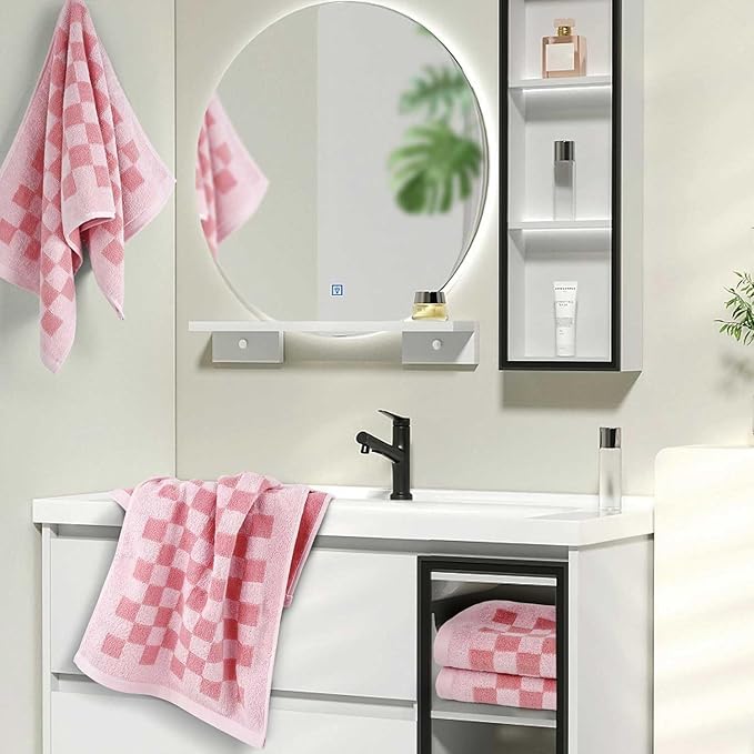 Jacquotha Soft Cotton Hand Towels in Pink Checkered - Image 6