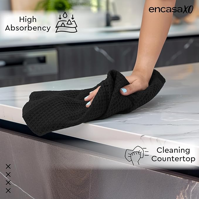 Encasa XO Kitchen Dish Towels Set | Black | Waffle Weave and Flat Hand Tea - Image 2