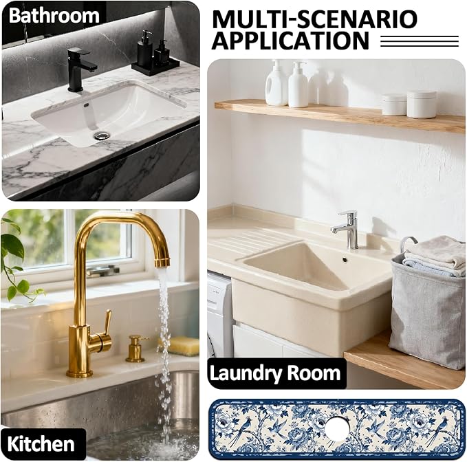 2 Pcs Kitchen Sink Splash Guard Faucet Mats Vintage Porcelain Flowers and Birds - Image 7