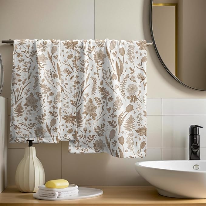 Spring Floral Hand Towels for Bathroom Set of 2 Brown White Flower Leaves - Image 6