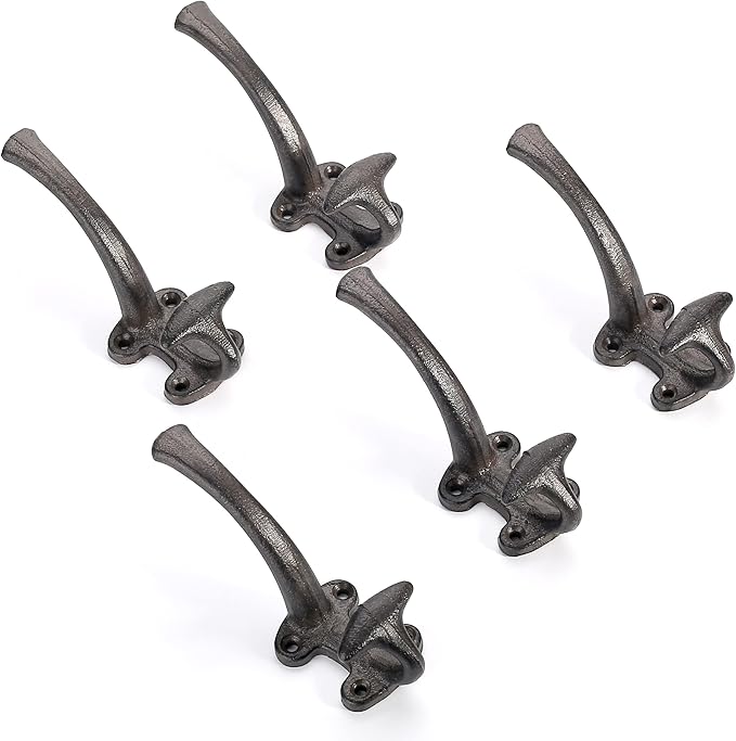 Ambipolar 5-Pack Decorative Cast Iron Heavy Duty Double Wall Hooks, Vintage - Image 3