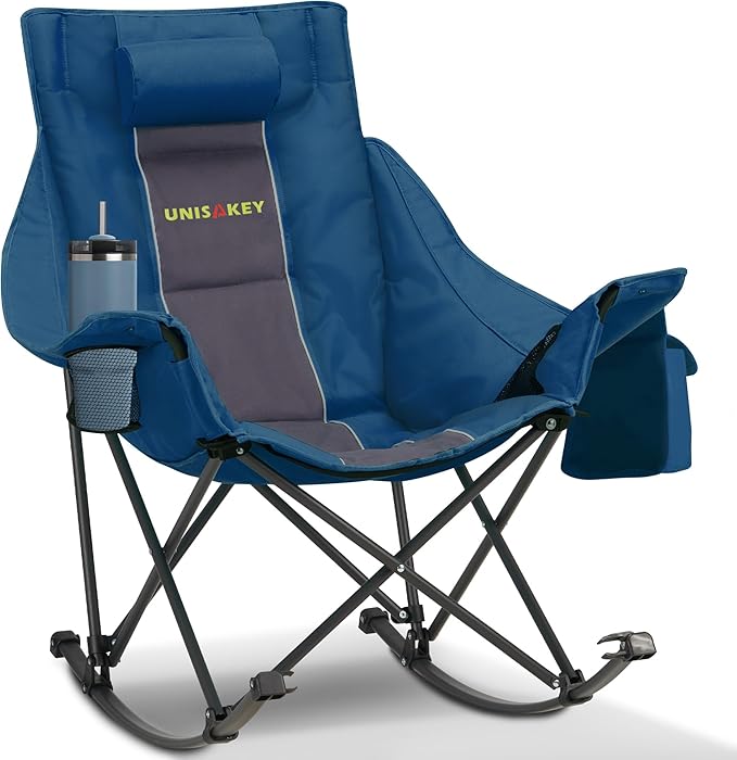 Oversized Rocking Camping Chair with Headrest & Cup Holder - 400lbs Capacity, 600D Oxford Fabric, Easy Fold Portable Outdoor Rocker Chair for Camping, Backyard, Beach, Blue by Unknown