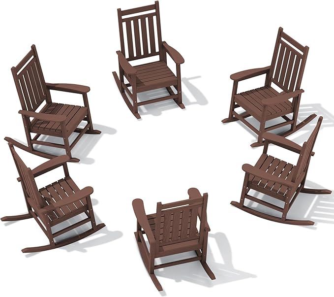 SERWALL HDPE Outdoor Rocking Chair Set of 6, Patio Rocking Chairs for Adults, All Weather Outdoor Rockers for Lawn, Brown by SERWALL