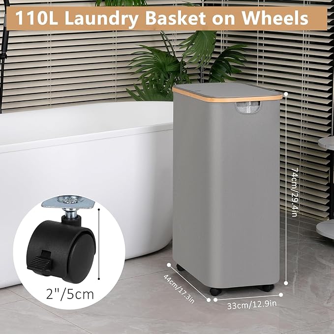 Laundry Basket with Wheels, 110L Clothes Hamper - Image 3