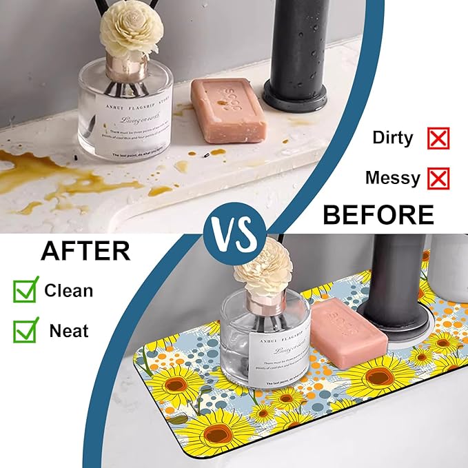 Watercolor Sunflowers Sink Faucet Absorbing Mat Sunflowers Polka Dots Super - Image 6