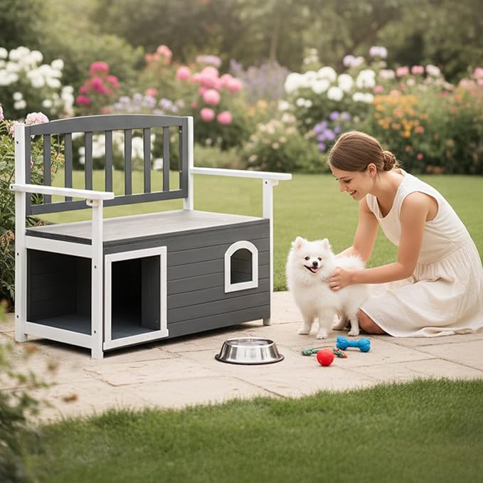VINGLI Outdoor Storage Bench with Built-in Dog House, 2-in-1 Outdoor Waterproof Patio Bench with Pet Kennel for Patio Backyard Porch (Gray) - Image 9