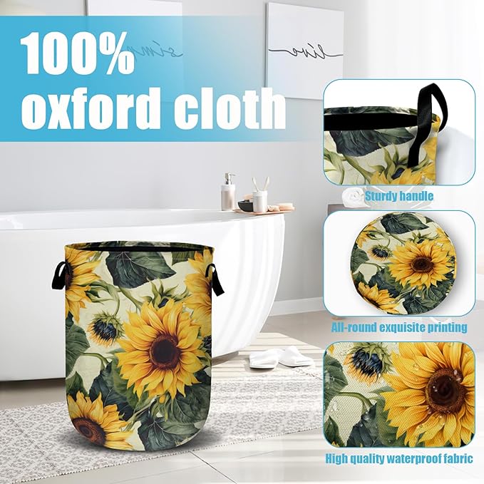 Retro Sunflower Laundry Basket, Floral Laundry Hamper Collapsible Oxford Cloth - Image 4