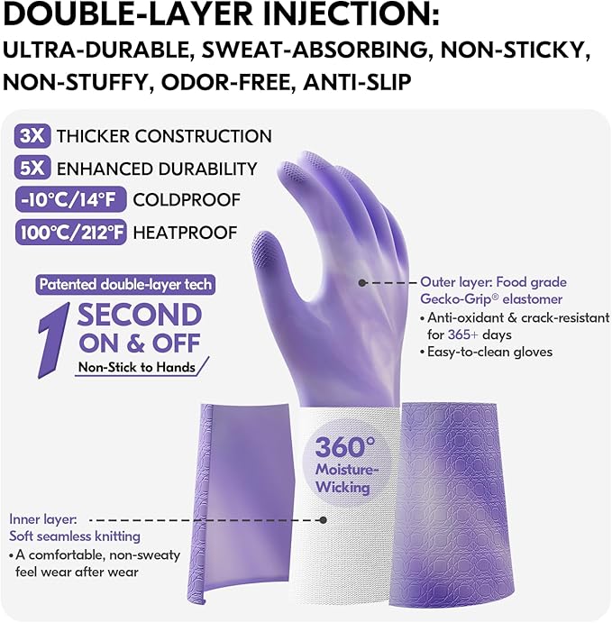 Vgo... Household Cleaning Gloves, Double-layer, Lined Dishwashing Gloves - Image 2