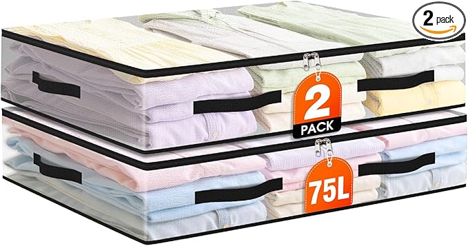 2 Pack Under Bed Storage Bags, 75L Foldable Clear Storage Containers by Unknown