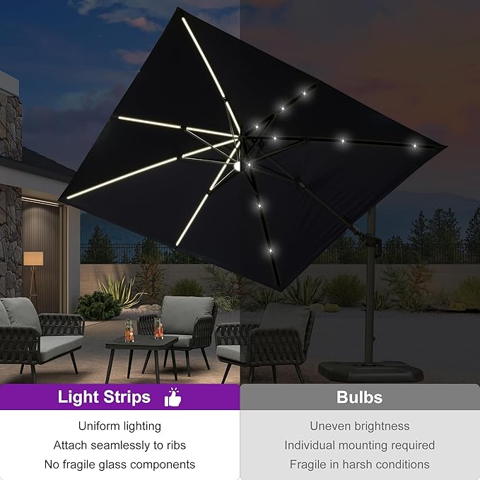 PURPLE LEAF 10 Feet Patio Umbrella with Base Outdoor Patio Solar Powered LED Swivel Square Umbrella Aluminum Offset Umbrella with 360-degree Rotation for Garden Deck Pool Patio, Navy Blue - Image 2