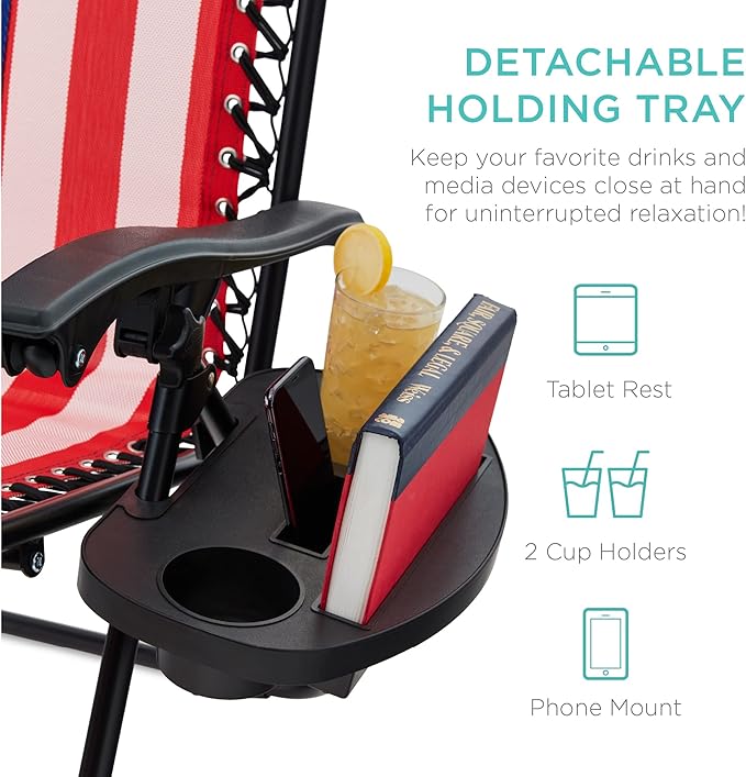 Best Choice Products Set of 2 Adjustable Steel Mesh Zero Gravity Lounge Chair Recliners w/Pillows and Cup Holder Trays - American Flag - Image 6