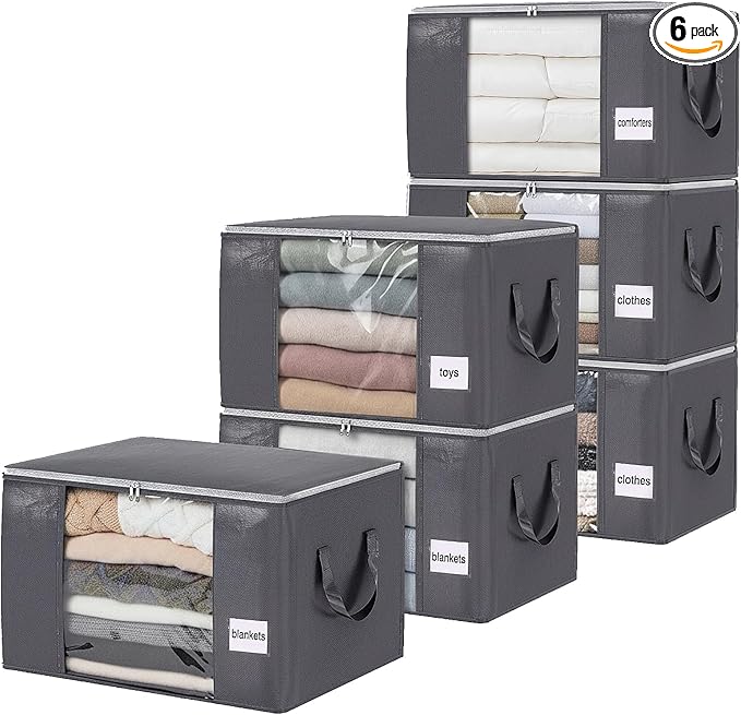 YGEOMER 90L Large Storage Bags 6 Pack Foldable Heavy Duty Blanket Clothes by YGEOMER