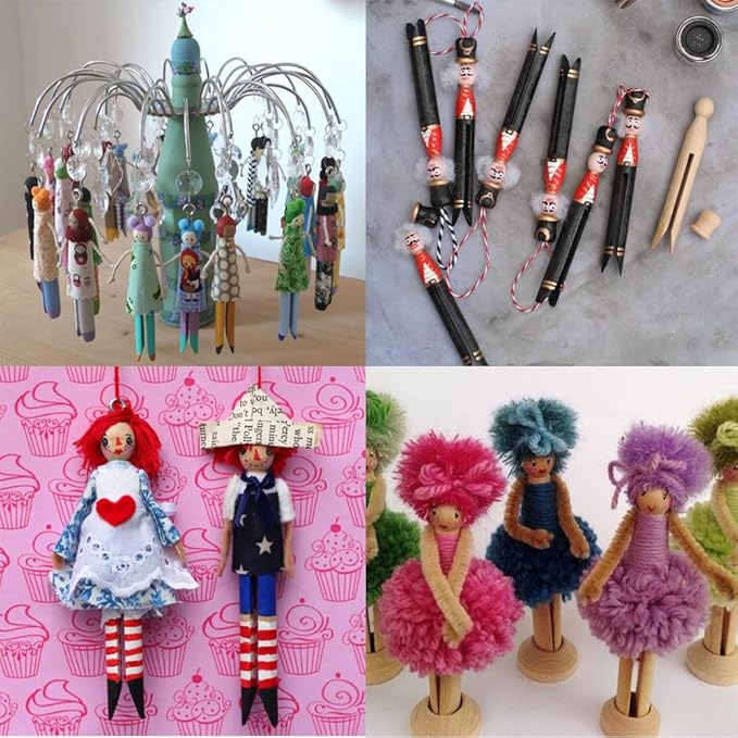 Winlyn 50 Sets Unfinished Wood Doll Pins Doll Clothespins Wooden Round Peg Wood - Image 9