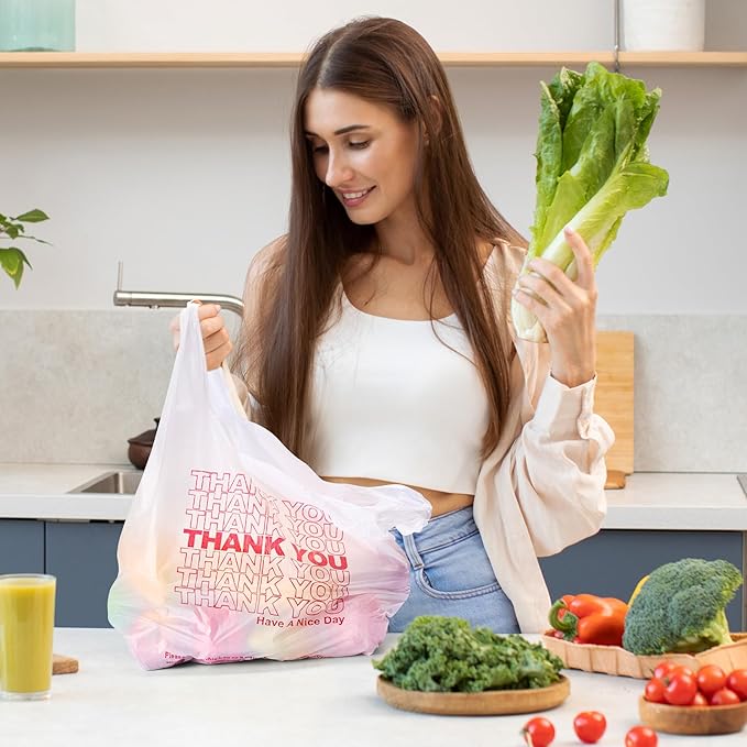 Delxo Grocery Bags Thank You Plastic T-Shirt Bag, To Go, Convenience Stores - Image 2