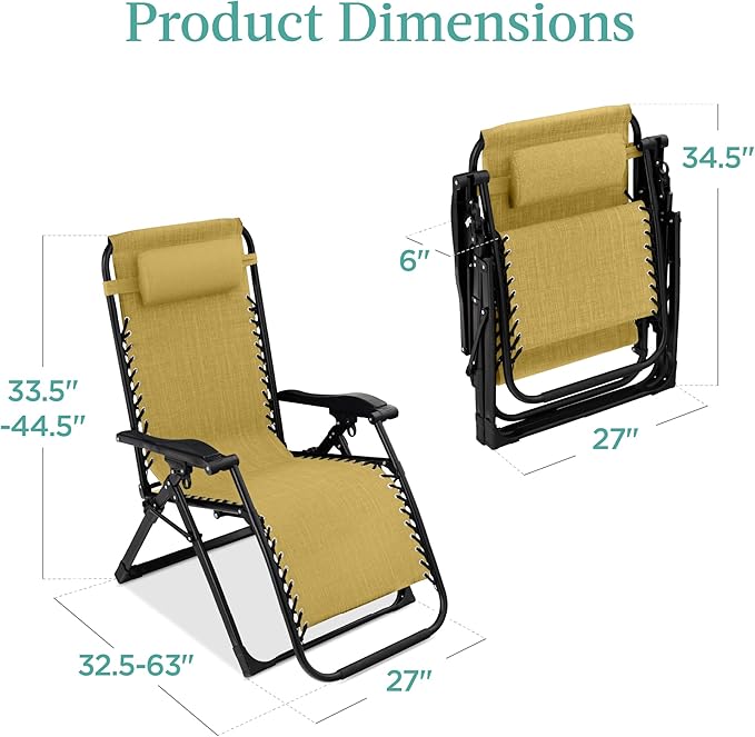 Best Choice Products Oversized Zero Gravity Chair, Folding Outdoor Patio Recliner, XL Anti Gravity Lounger w/Removable Cushion, Cup Holder, Side Tray, 350lb Capacity - Sunflower Yellow - Image 2