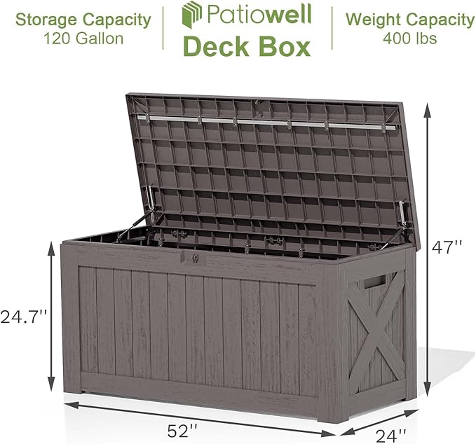 Patiowell 120 Gallon Large Deck Box, Outdoor Lockable Storage Box for Gardening Tools, Waterproof Deck Box for Patio Furniture, Brown - Image 4