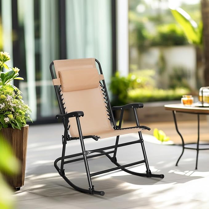 Amazon Basics Outdoor Portable Folding Rocking Chair with Headrest, Ergonomic Design, Weather-resistant Patio Reclining Lounge Chair for Porch, 33.6 x 37.4 x 26 inch, Beige - Image 2
