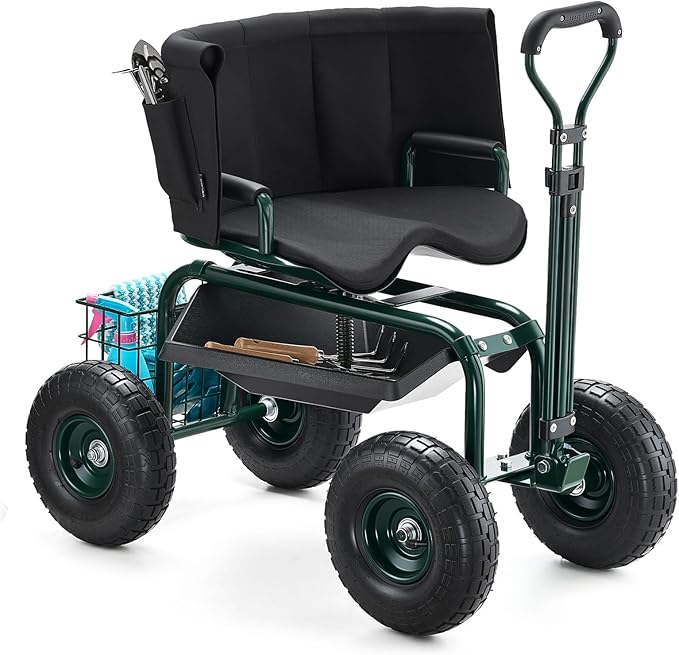 VEVOR Garden Seat with Wheels, Rolling Garden Stool with Height Adjustable & 360° Swivel Seat, 400lbs Weight Capacity, Gardening Cart Bench, Ergonomic Backrest & Tool Storage, for Yard, Patio by VEVOR