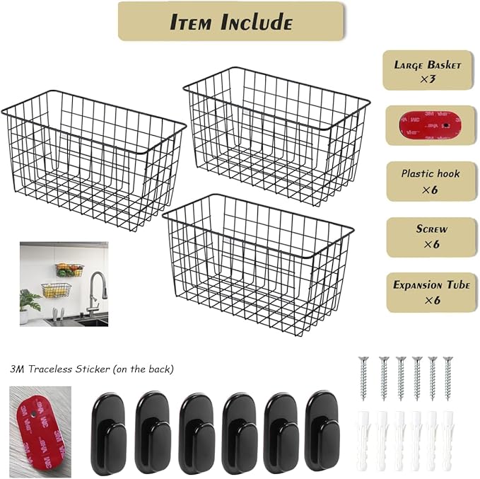3 Pack【Extra Large】Hanging Kitchen Basket, Wire Storage Basket, - Image 3