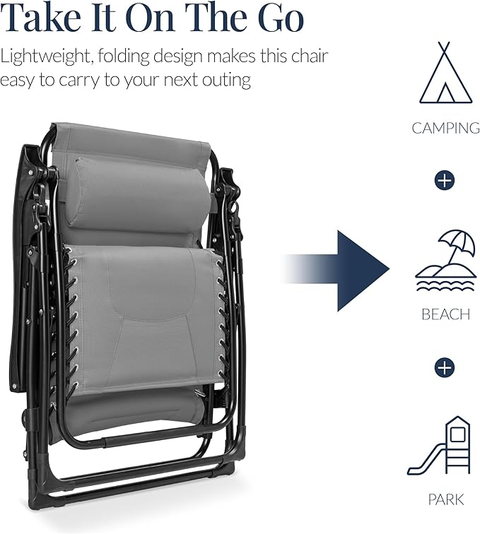 Best Choice Products Oversized Padded Zero Gravity Chair, Folding Outdoor Patio Recliner, XL Anti Gravity Lounger for Backyard w/Headrest, Cup Holder, Side Tray, Polyester Mesh - Ice Gray - Image 5