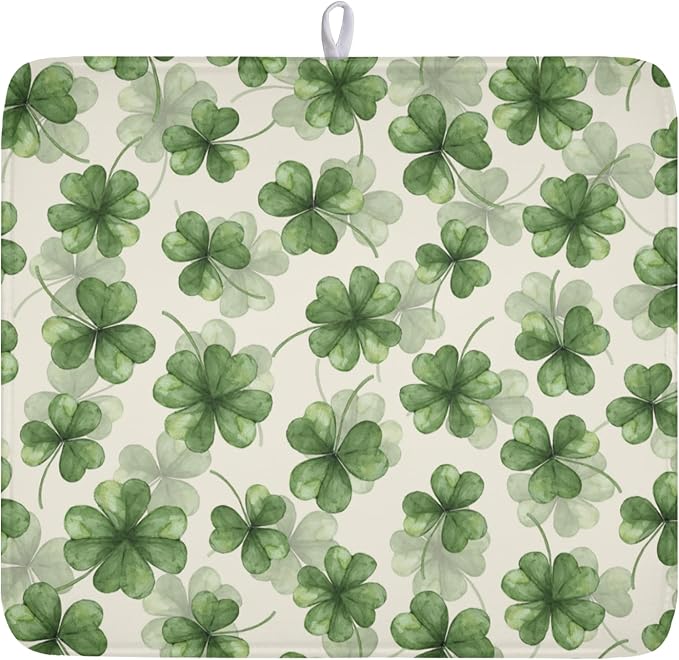 St Patrick's Day Green Clover Dish Drying Mat by Kawani